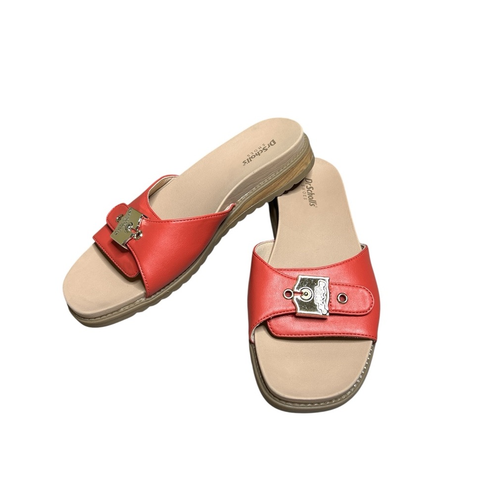Dr. Scholl’s Red Slide Wedge Sandals with Gold Buckle. Size 8.5 NWOB